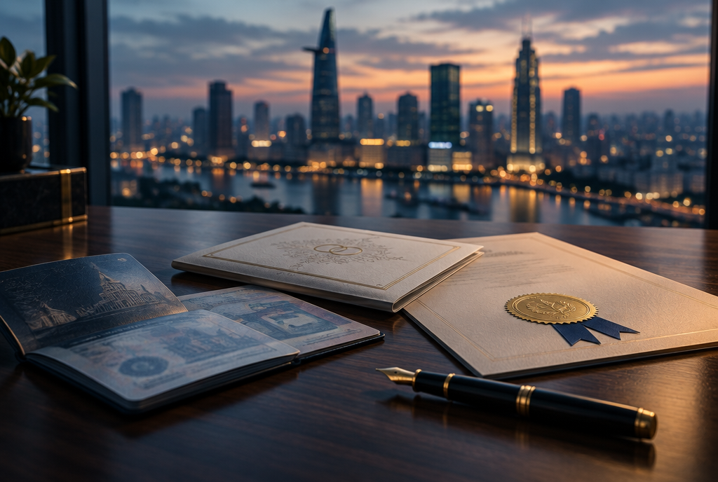 Passport, certificate and sealed official document on a desk overlooking Ho Chi Minh City at dusk